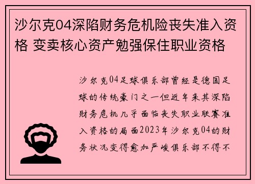 沙尔克04深陷财务危机险丧失准入资格 变卖核心资产勉强保住职业资格 沙尔克04深陷财务危机险丧失准入资格 变卖核心资产勉强保住职业资格